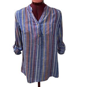 Chic Collection Striped Casual Button-Down Shirt Split Neckline Size Small